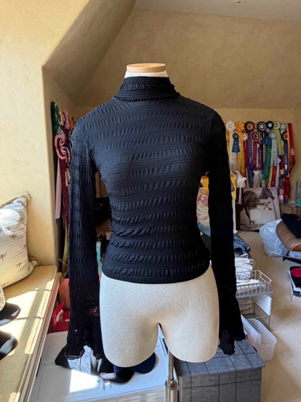 Reformation Black Textured/Sheer Turtleneck Bell Sleeve Top